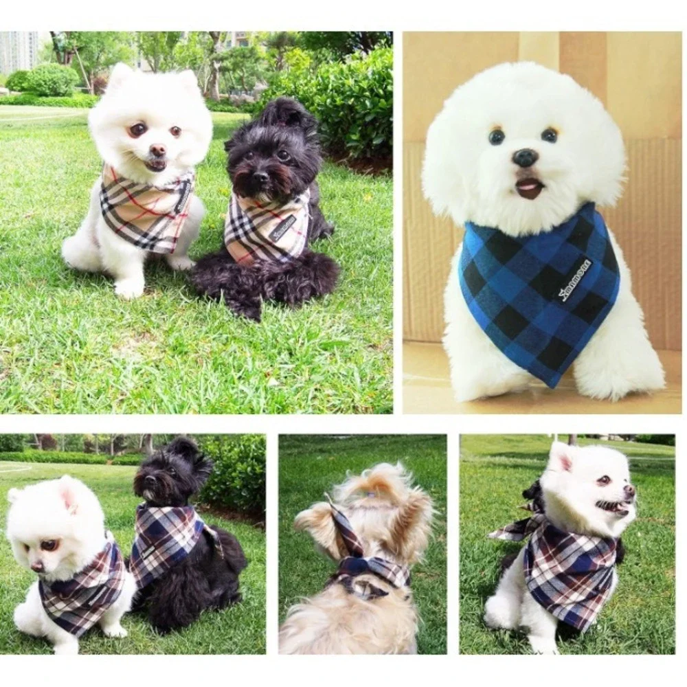 Plaid Dog Cats Bandanas,4PC Soft Washable Cotton‎ Triangle Bib Kerchief Small